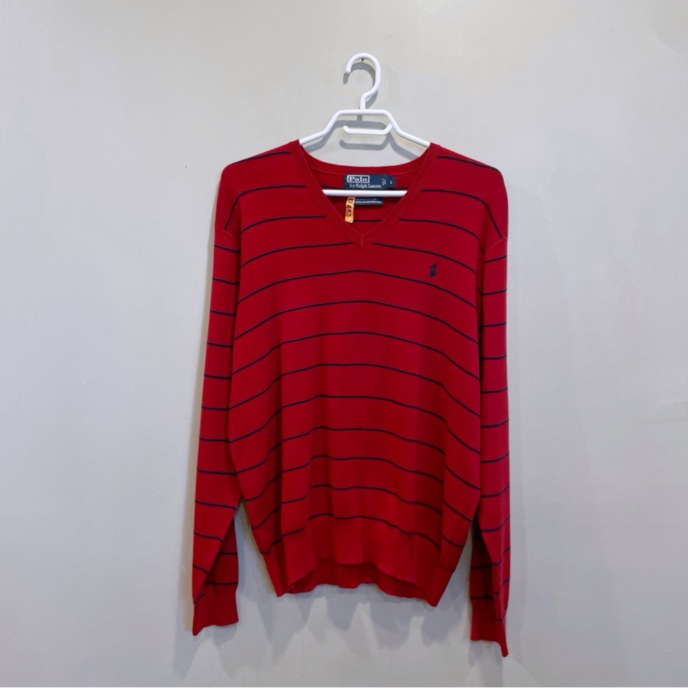 Ralph Lauren Red V-Neck Sweater with Black Stripes